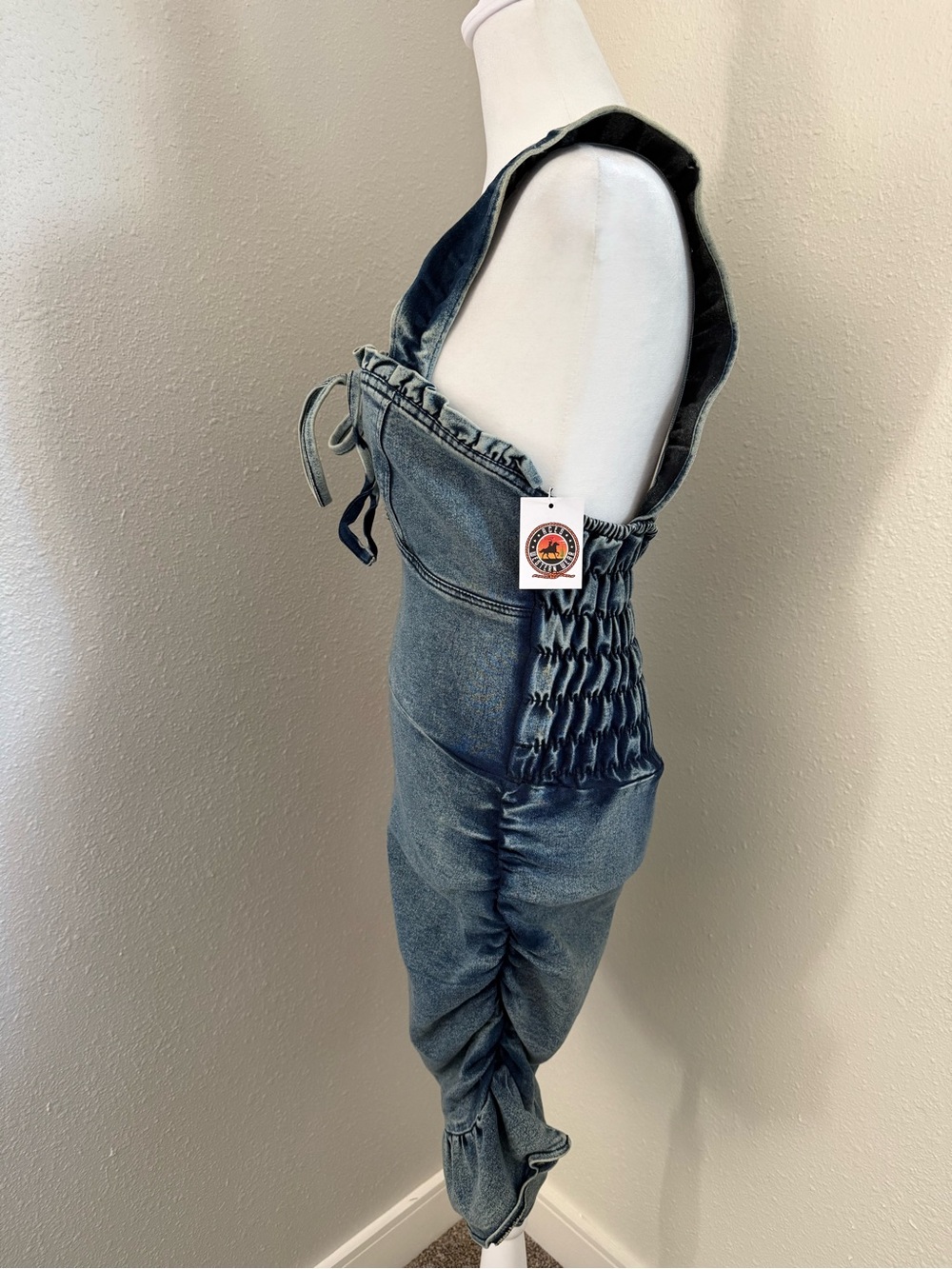 Acid Wash Denim Ruched Corset Ruffle Bodycon Mini Dress One Size NWT - Picture 3 of 8
